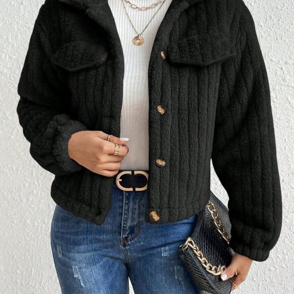 Black Casual Women's Flap Detail Button Front Flannel Jacket - Picture 5 of 7